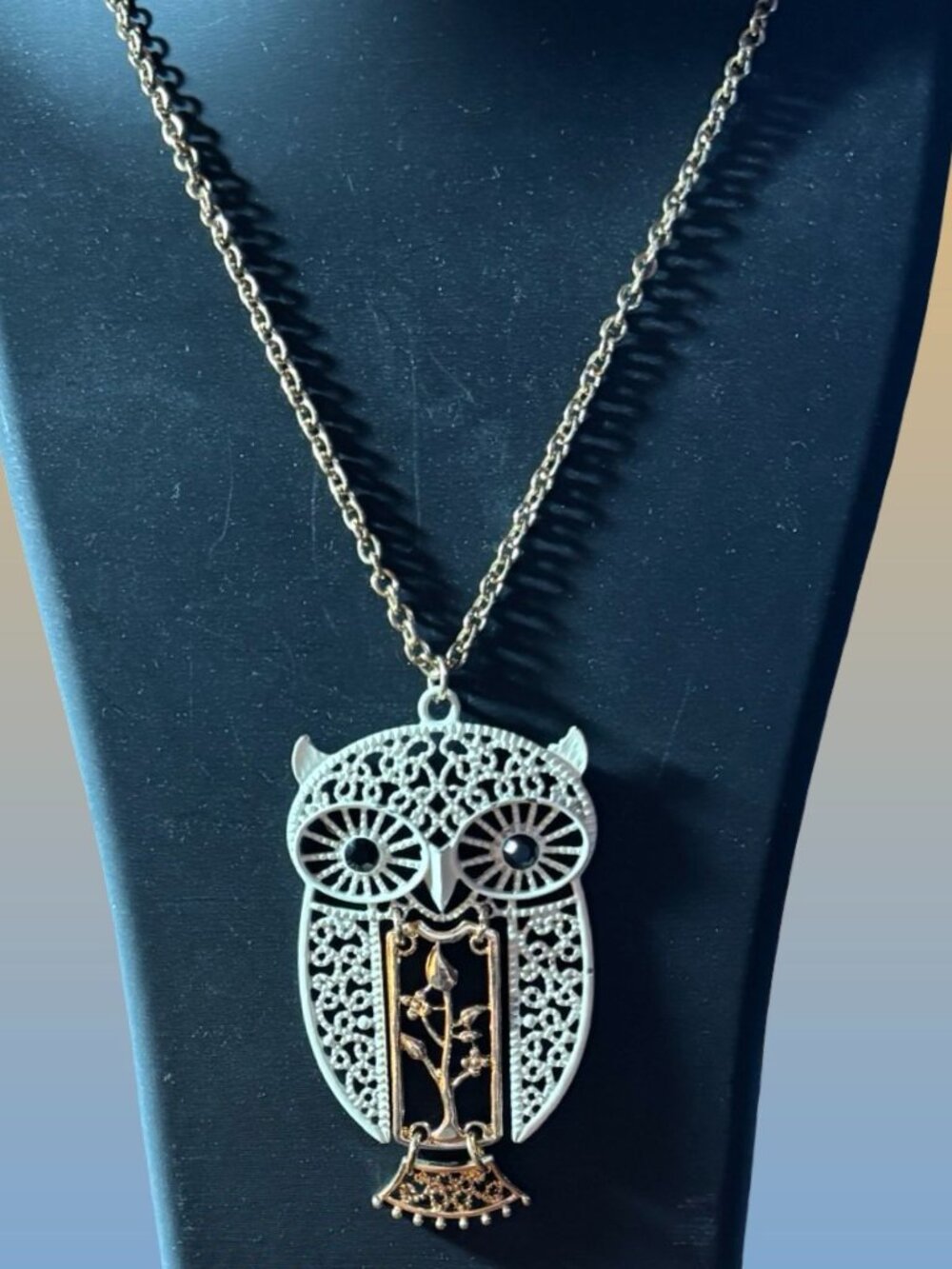 Gold Tone Owl Pendant Necklace Filigree Bird Figural 16 In